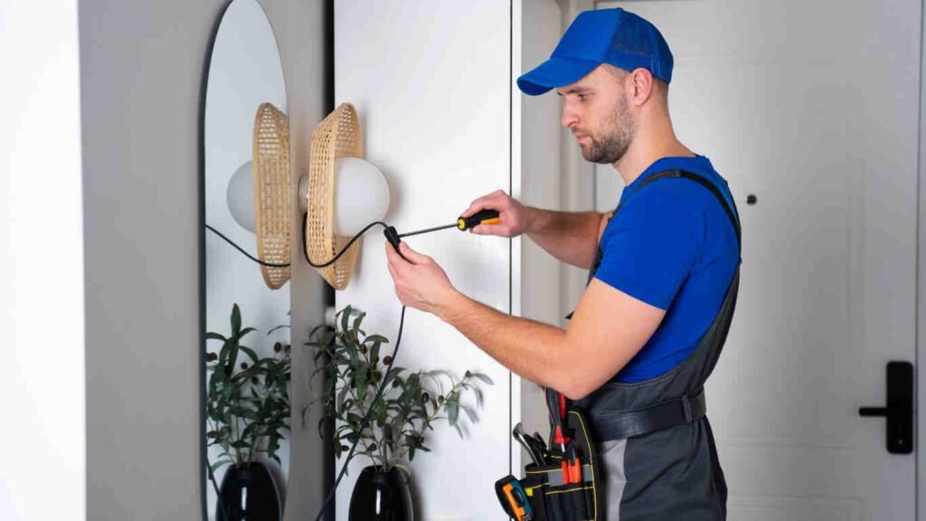 كهربائي يعمل على صيانة الأسلاك باستخدام أفضل الخدمات الكهربائية