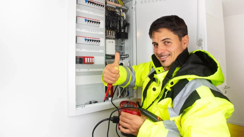 Skilled electrical contractors fixing circuit breaker in Riyadh home