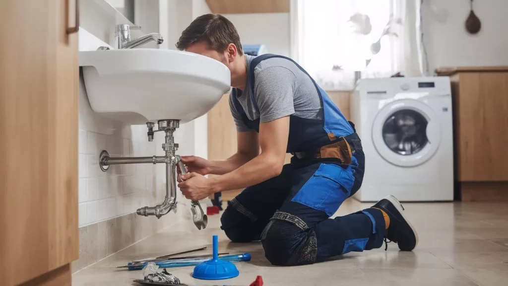 Skilled plumber providing plumbing services for bathroom repair